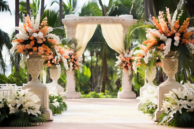 Área de la ceremonia de bodas decorada con románticas linternas a la luz de las velas