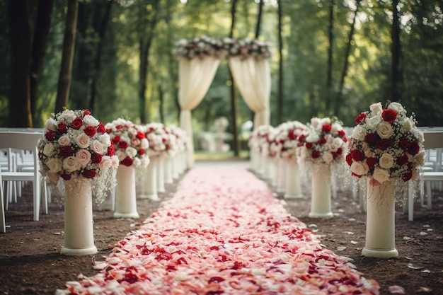 Área de la ceremonia de bodas decorada con románticas linternas a la luz de las velas