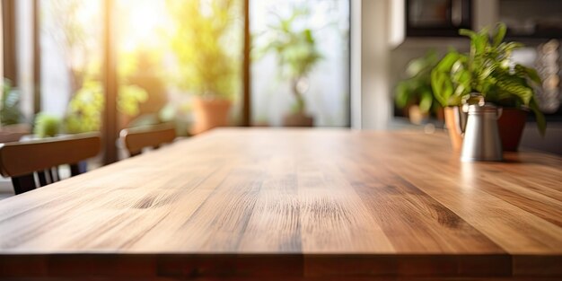 Área de cocina fuera de foco con mesa de madera frente a la ventana