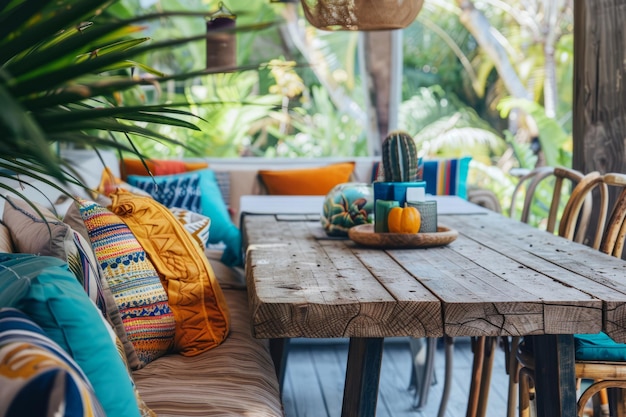 Área de comedor al aire libre con cojines y sillas de colores vibrantes IA generativa