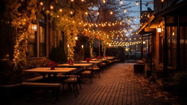 Área de comedor al aire libre con mesas bajo luces de cuerda