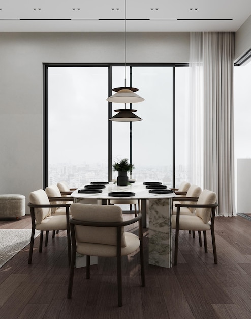 Área de comedor con mesa de mármol y silla beige cerca de la ventana panorámica renderización 3D