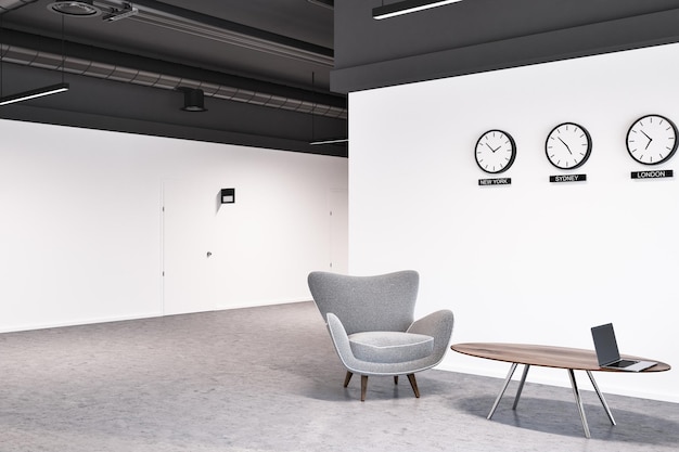 Área de espera do escritório de parede branca com vários relógios e poltronas cinza perto da mesa de centro. Um close. simulação de renderização 3D