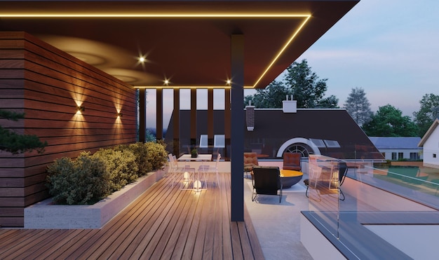 Área de estar no telhado da casa. Casa moderna com telhado plano. Visualização 3D. Arquivo único