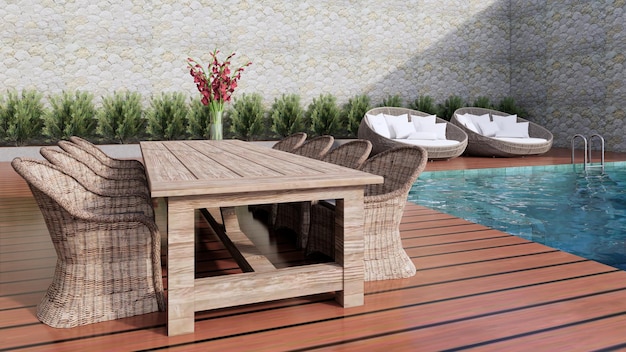 Área de jantar ao ar livre na piscina, renderização em 3d
