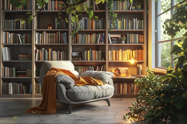 Área de leitura aconchegante com estantes de livros embutidas e um
