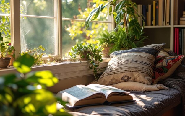 Área de leitura aconchegante com luz natural