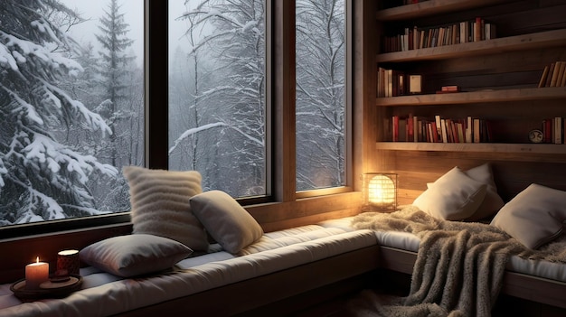 Área de leitura aconchegante com uma grande janela que oferece uma vista de florestas nevadas Refúgio de inverno tranquilo e convidativo Área de lectura panorâmica cênica Beleza natural serenidade Gerada por IA