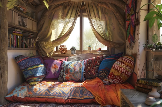 Área de leitura inspirada em caravanas boêmias com colorfu