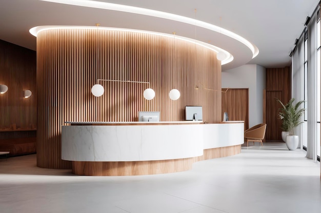 Área de lobby elegante com design contemporâneo de balcão de recepção com interior moderno em branco e madeira