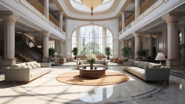 Área de lounge do lobby do hotel de luxo com sofá usada para os hóspedes esperarem pelo processo de check-in e registro Entrada espaçosa do resort com pisos de mármore e recepção de boas-vindas