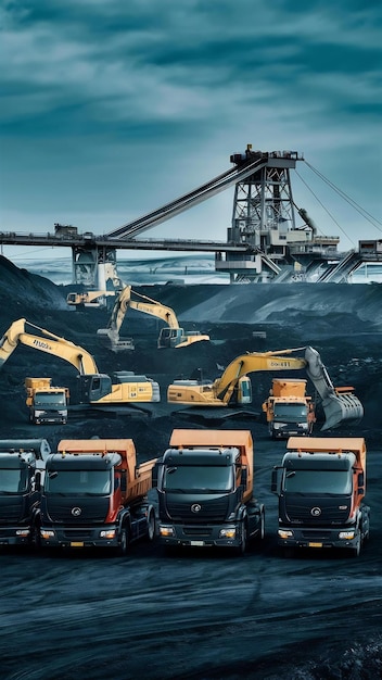 Área de minas de carvão muitos caminhões pesados e máquinas de escavação para a indústria mineira