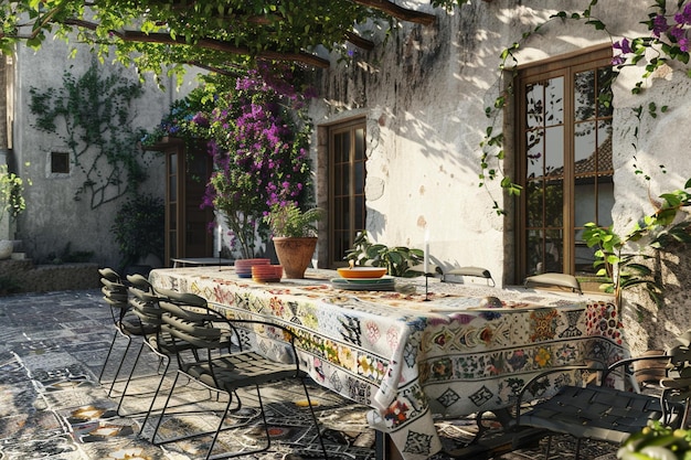 Área de refeições ao ar livre de inspiração mediterrânea com uma