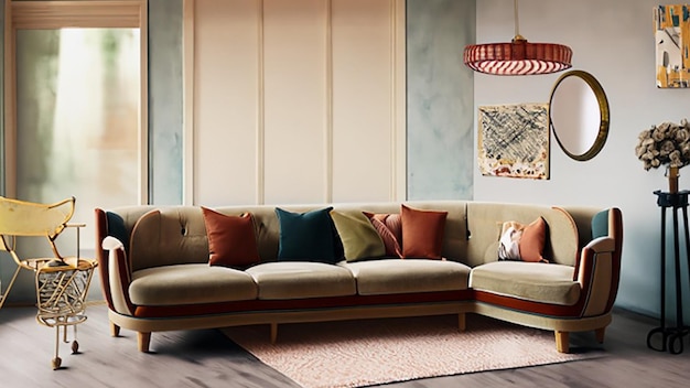 Área de salão moderna de meados do século com um sofá de inspiração retro e decoração vintage