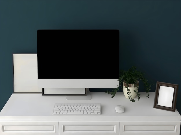 Área de trabalho com teclado de tela em branco mesa branca e parede da marinha