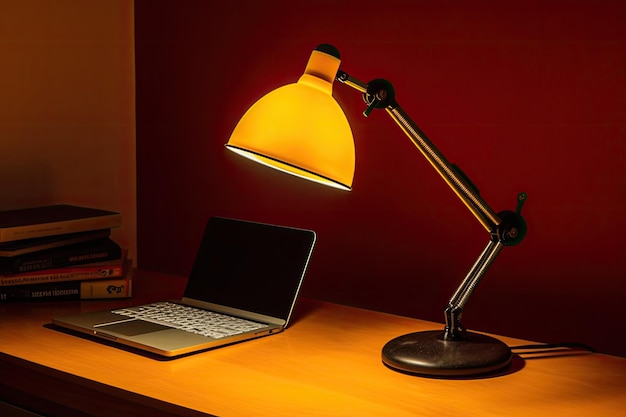 Área de trabalho com um laptop e suprimentos de escritório ao lado da parede amarela