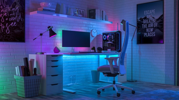 Área de trabalho de trabalho cercada por luzes led coloridas renderização 3D
