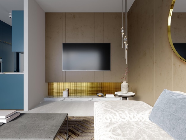 Área de TV em uma parede marrom com um nicho de ouro com renderização em 3d de decoração