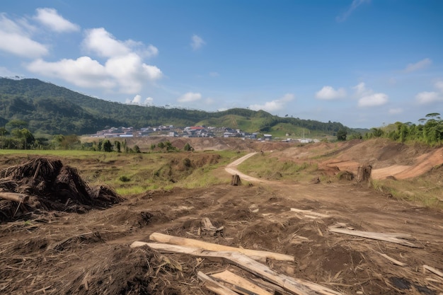 Área deforestada con nueva construcción visible al fondo