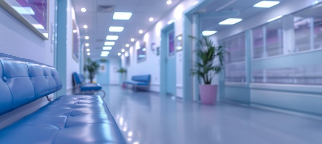 Área de espera moderna del hospital con bancos azules y iluminación ambiental