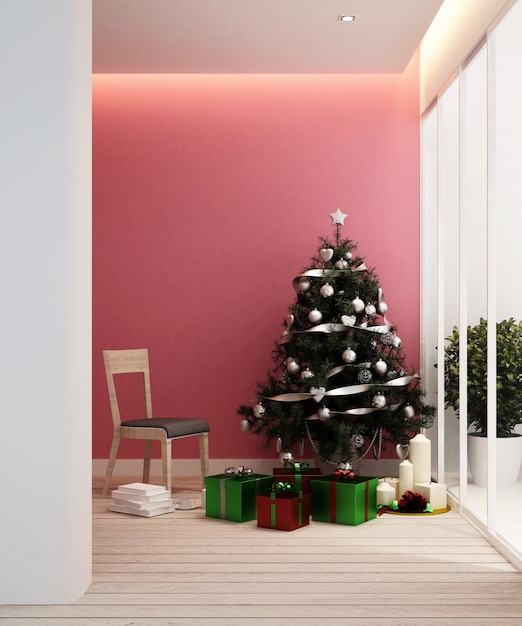 Área de estar y árbol de navidad en un apartamento o casa - Diseño de interiores - Representación 3D