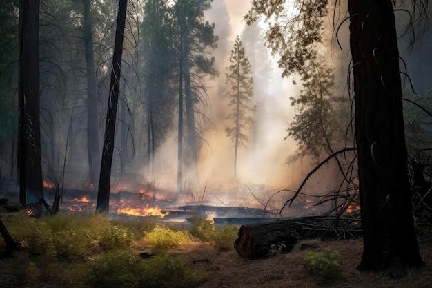 Área florestal com IA generativa de fumaça e chamas