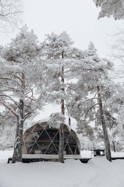 Área de glamping con carpa domo en el invierno nevado al aire libre