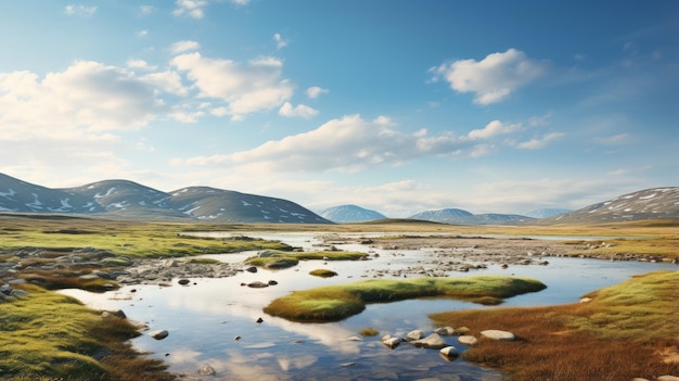 Área húmida da tundra ártica Um riacho impressionante na natureza norueguesa