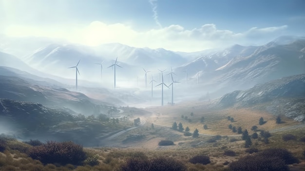 Área montanhosa com névoa e turbinas eólicas generative ai