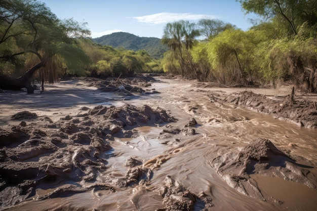 Área natural devastada por flujo de lodo