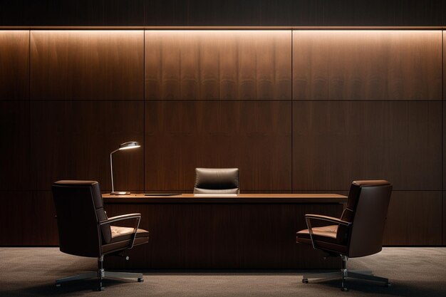Área de recepción de oficina vacía minimalista con sillas minimalistas y mesa de café