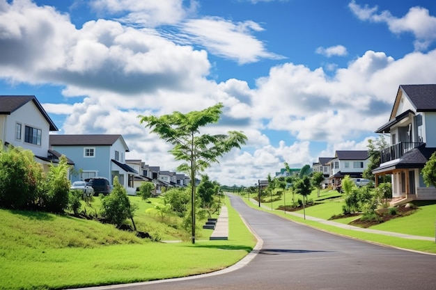 Área residencial bem mantida sob o céu azul