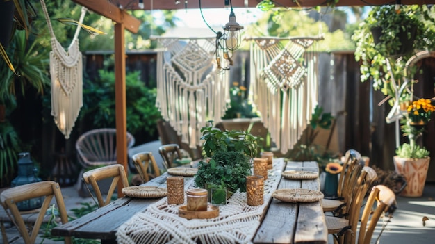 Área de reunión acogedora en el patio trasero con decoraciones de macrame al anochecer