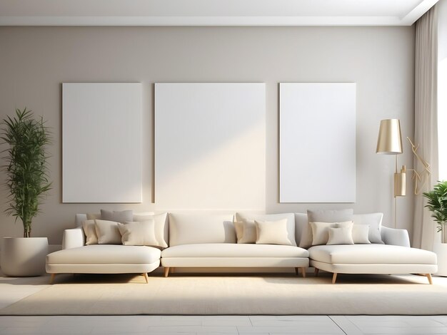 Área de sala de estar ligera con 4 maquetas de lienzo en blanco IA generativa
