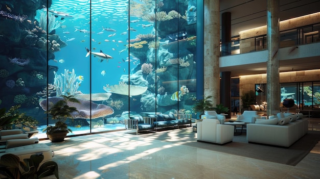 Área de salón con pared de acuario gigante en el vestíbulo de un hotel de lujo