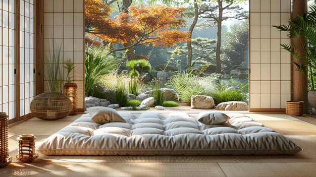 Área de sueño inspirada en el Zen con un colchón futon y acentos de bambú que promueven la simplicidad fondo de color sólido 4k ultra hd