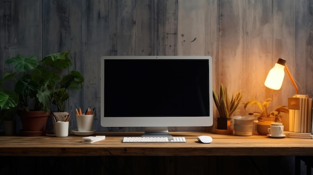 Área de trabajo computadora de escritorio y cosas en mesa de madera