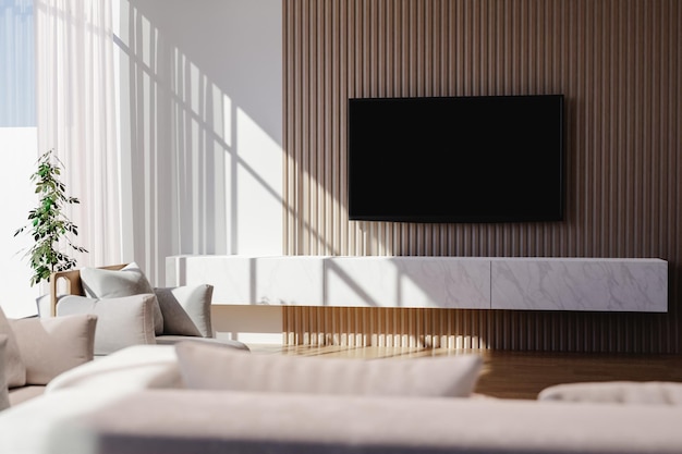 Área de TV moderna con paneles de madera.