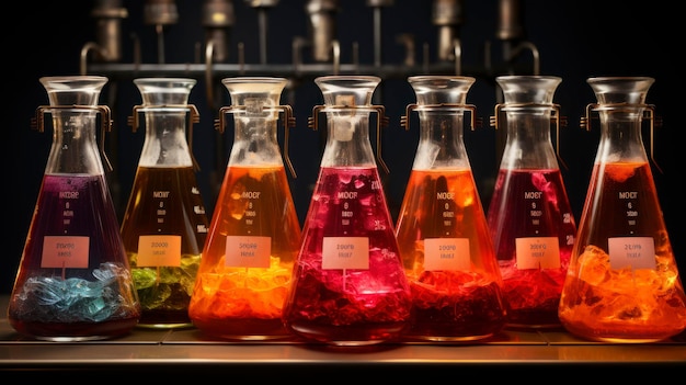 Foto reação química colorida de titulação em um laboratório