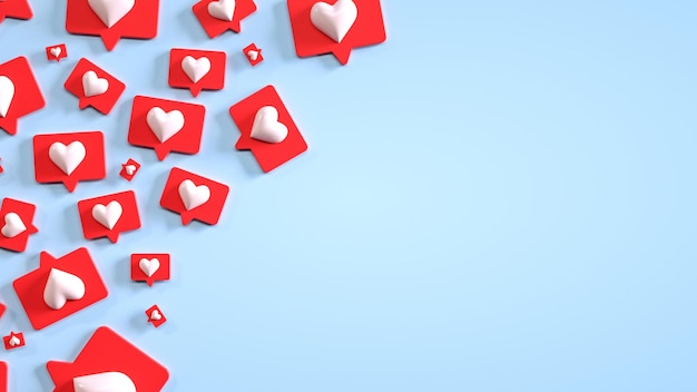 Reacciones de amor en las redes sociales sobre el fondo azul claro