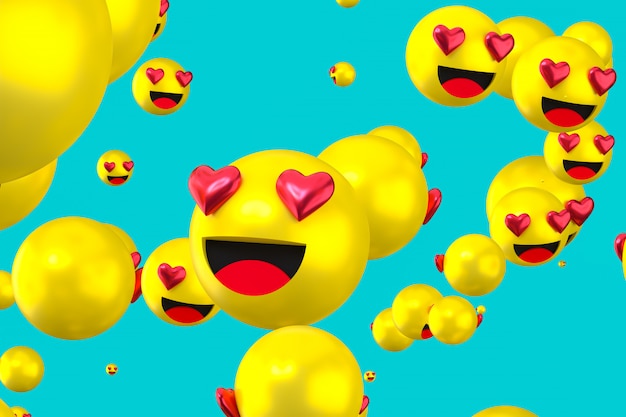 Las reacciones de Facebook aman emoji 3d render, símbolo de globo de redes sociales con me gusta