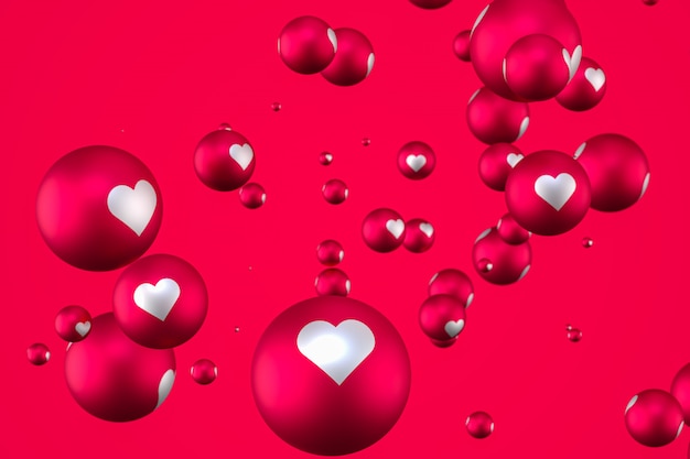 Reacciones de Facebook corazón emoji 3d render sobre fondo rojo, símbolo de globo de redes sociales con corazón, tarjeta de feliz día de San Valentín