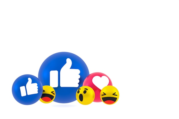 Reacciones de Facebook emoji 3d render, símbolo de globo de redes sociales en blanco