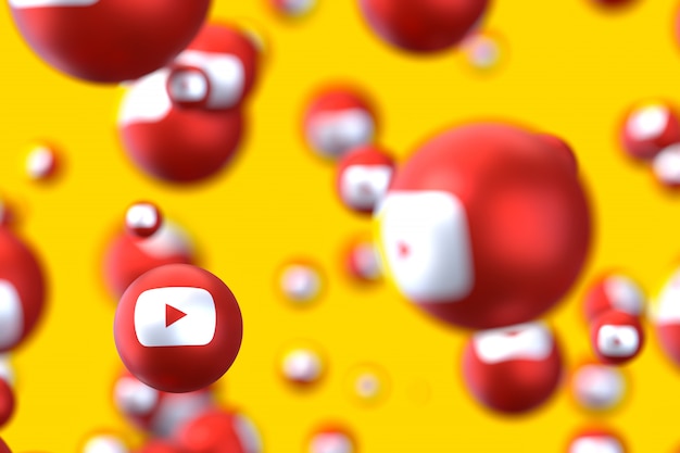 Reacciones de YouTube emoji 3d render, símbolo de globo de redes sociales con patrón de iconos de youtube