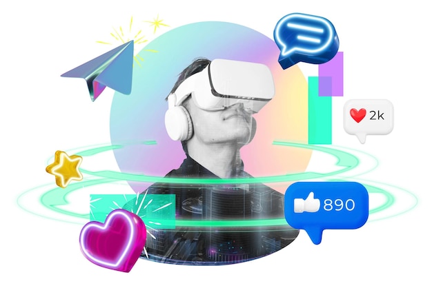 Reacções nas redes sociais png homem vestindo VR remix digital fundo transparente
