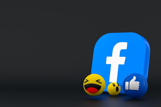 Reações do facebook emoji 3d render, símbolo de balão de mídia social com padrão de ícones do facebook