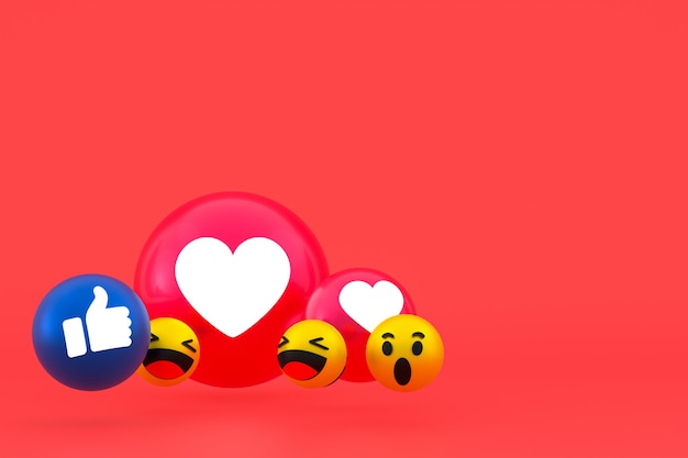Reações do Facebook emoji 3d render, símbolo de balão de mídia social em fundo vermelho
