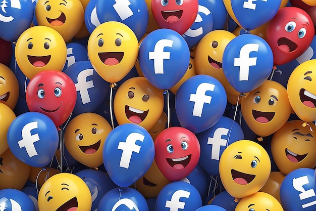 Reações do Facebook emoji 3D renderização de mídia social símbolo de balão com padrão de ícones do Facebook