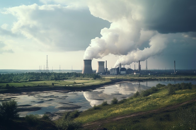 Foto un reactor nuclear típico en la distancia una escena con una planta de generación de electricidad nuclear con ste