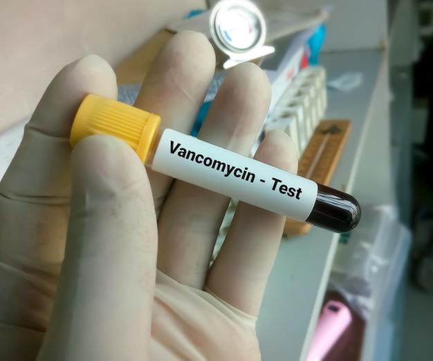 Reagenzglas mit Blutprobe für den Vancomycin-Test zur Überwachung des therapeutischen Arzneimittelspiegels